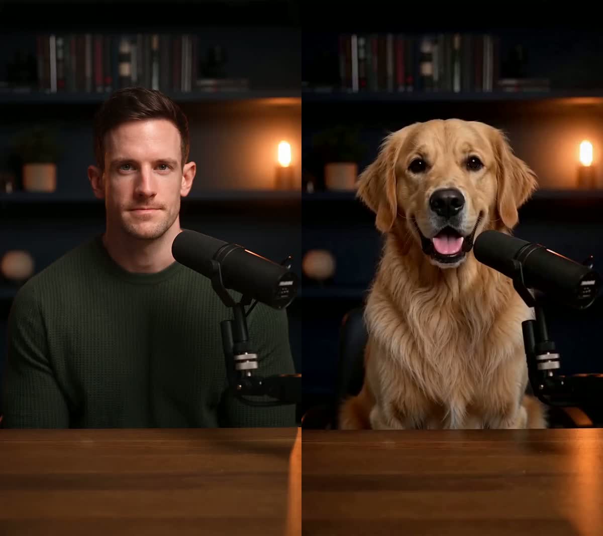 One reference clip, one photo of a golden retriever. Same set, same captions, same delivery.